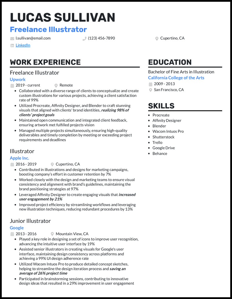 Freelance illustrator resume example with 10 years of experience