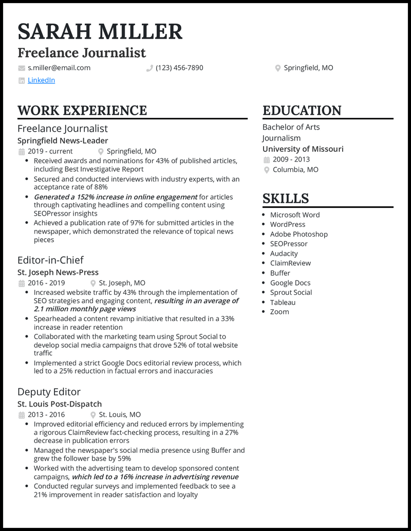 Freelance journalist resume example with 10 years experience