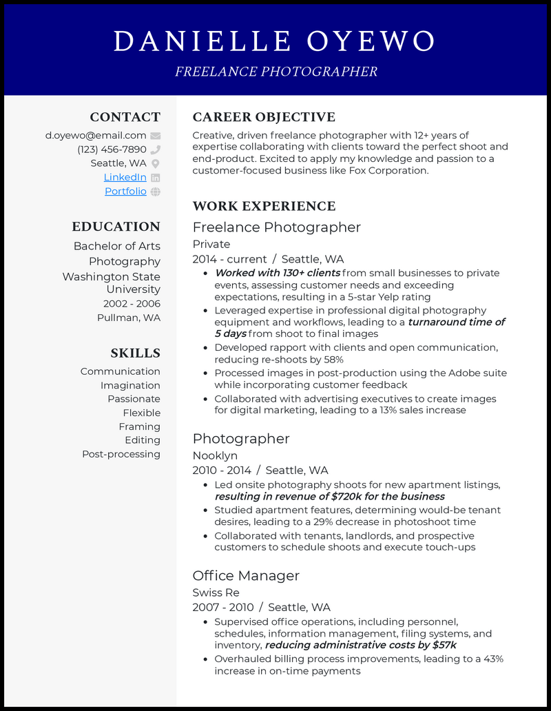 Freelance photographer resume example with 6+ years experience