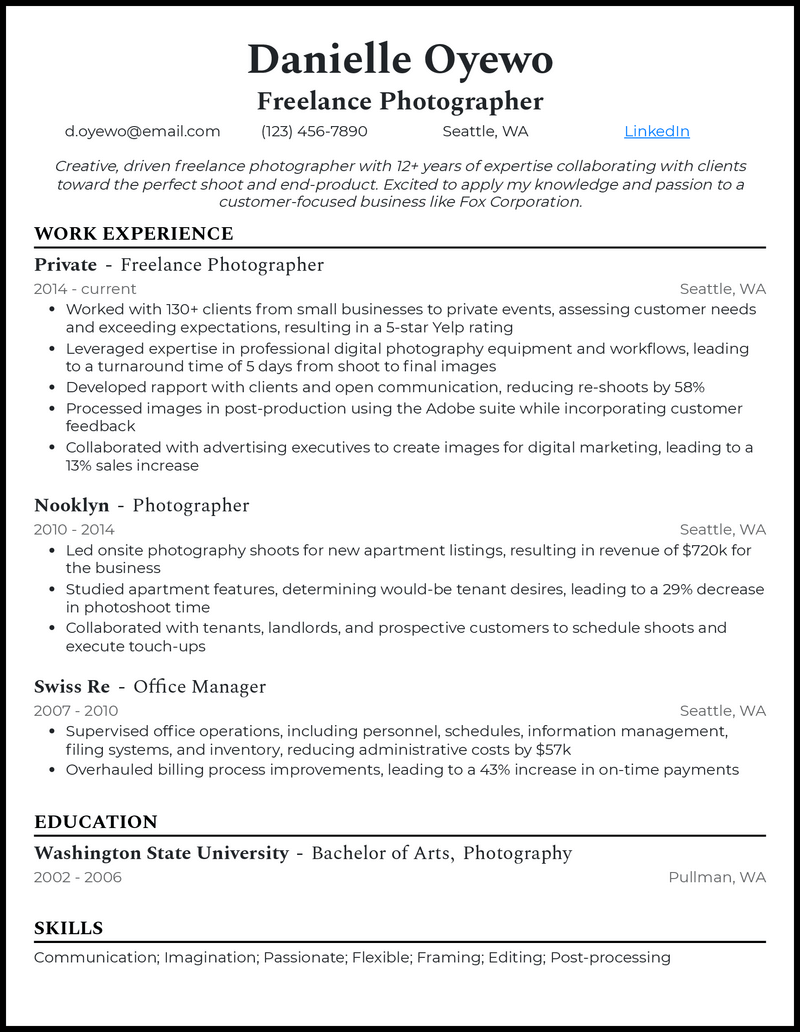 3 Freelance Photographer Resume Examples For 2024   Freelance Photographer Professional Resume Example 