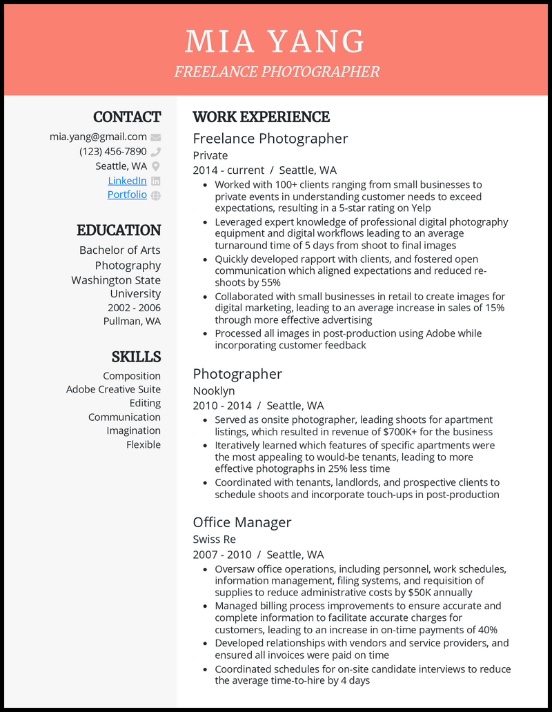 Reverse-chronological freelance photographer resume with 8+ years of experience