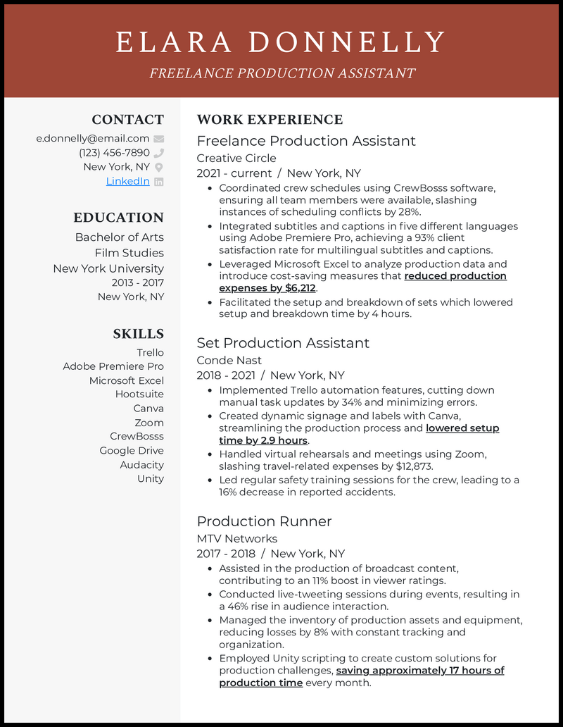 7 Production Assistant Resume Examples Created For 2025