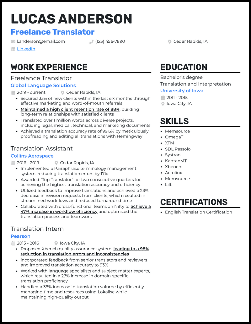 Freelance Translator resume example with 7 years of experience