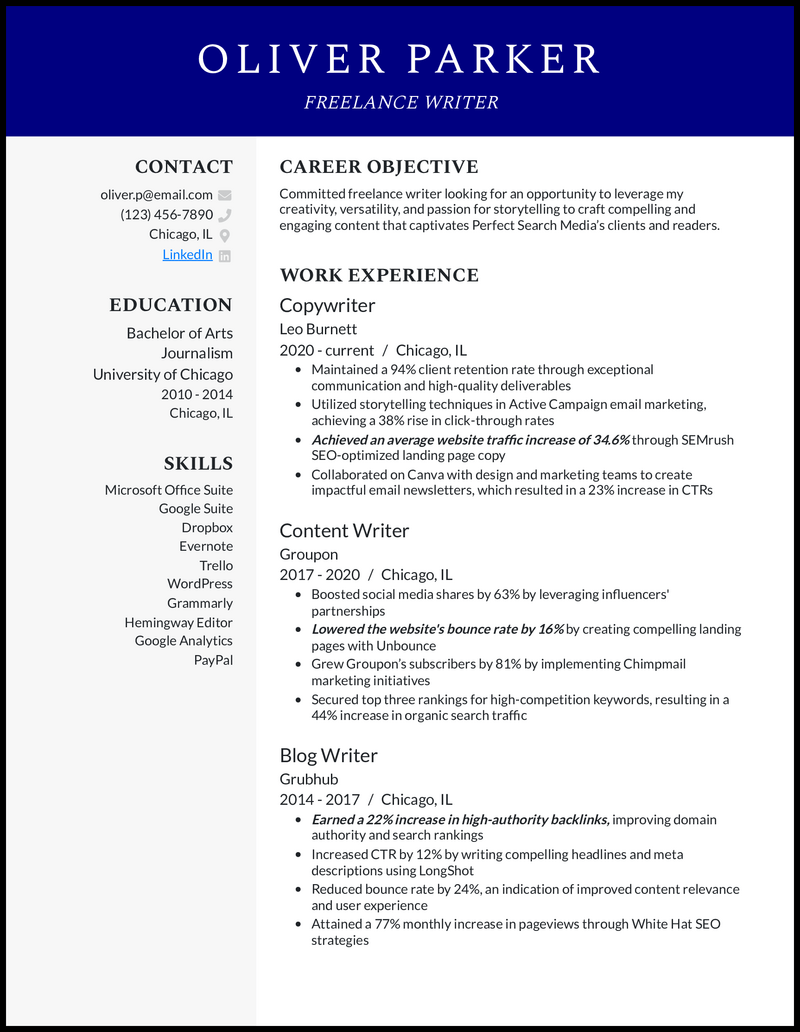 Freelance Writer Resume Example 