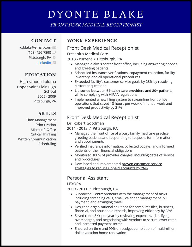 Formal front desk medical receptionist resume example with 8+ years experience