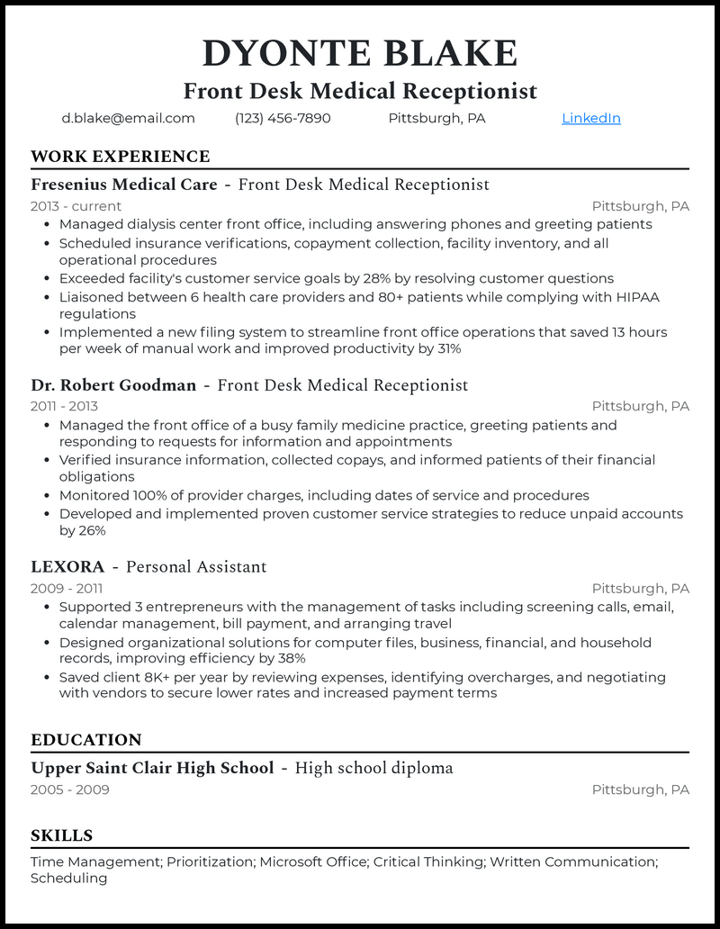 Elegant front desk medical receptionist resume example with 8+ years experience