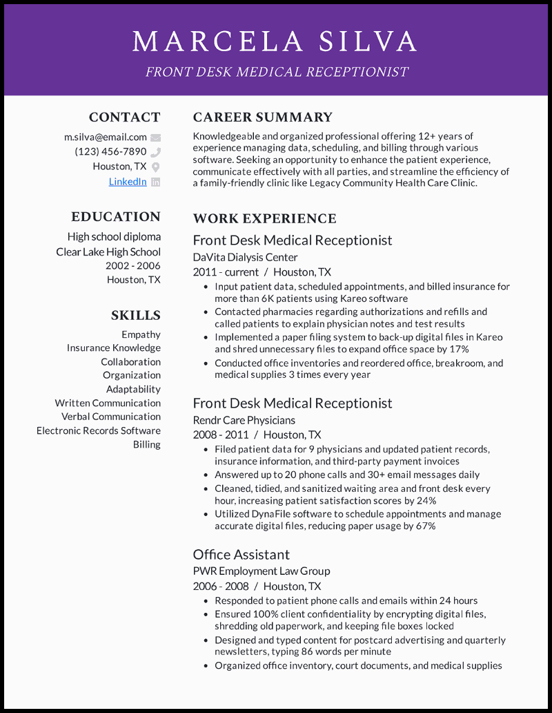 Front desk medical receptionist resume example with 14 years of experience