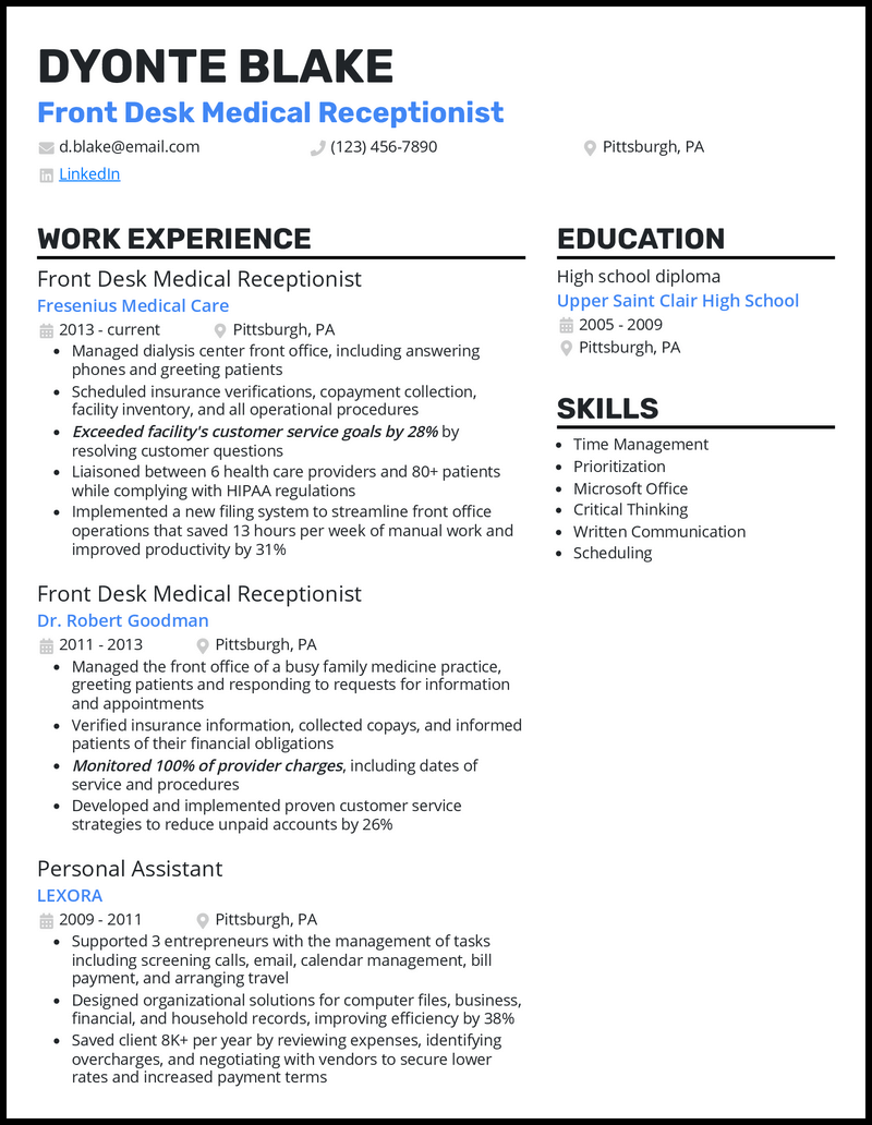 Front desk medical receptionist resume example with 8+ years experience