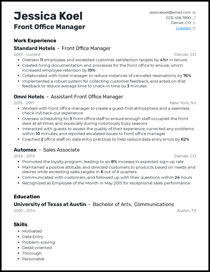 Front office manager resume example with 7 years of experience