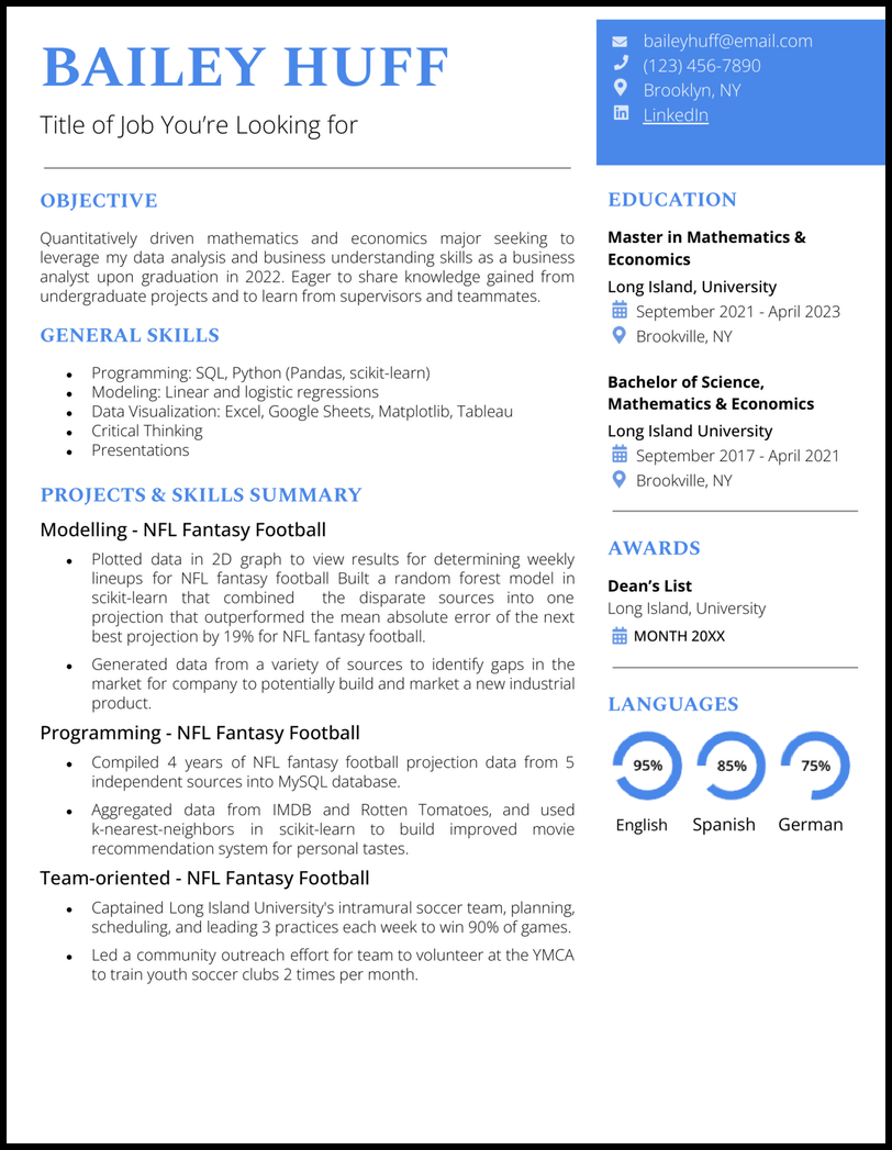 Functional Google Docs resume template with blue accents 