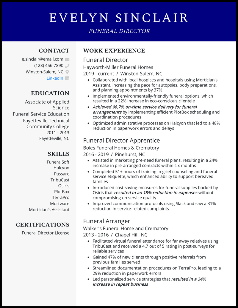 Funeral Director resume example with 10 years of experience