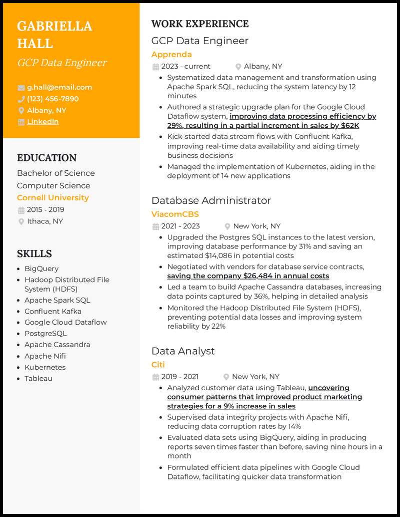 GCP data engineer resume example with 5 years of experience