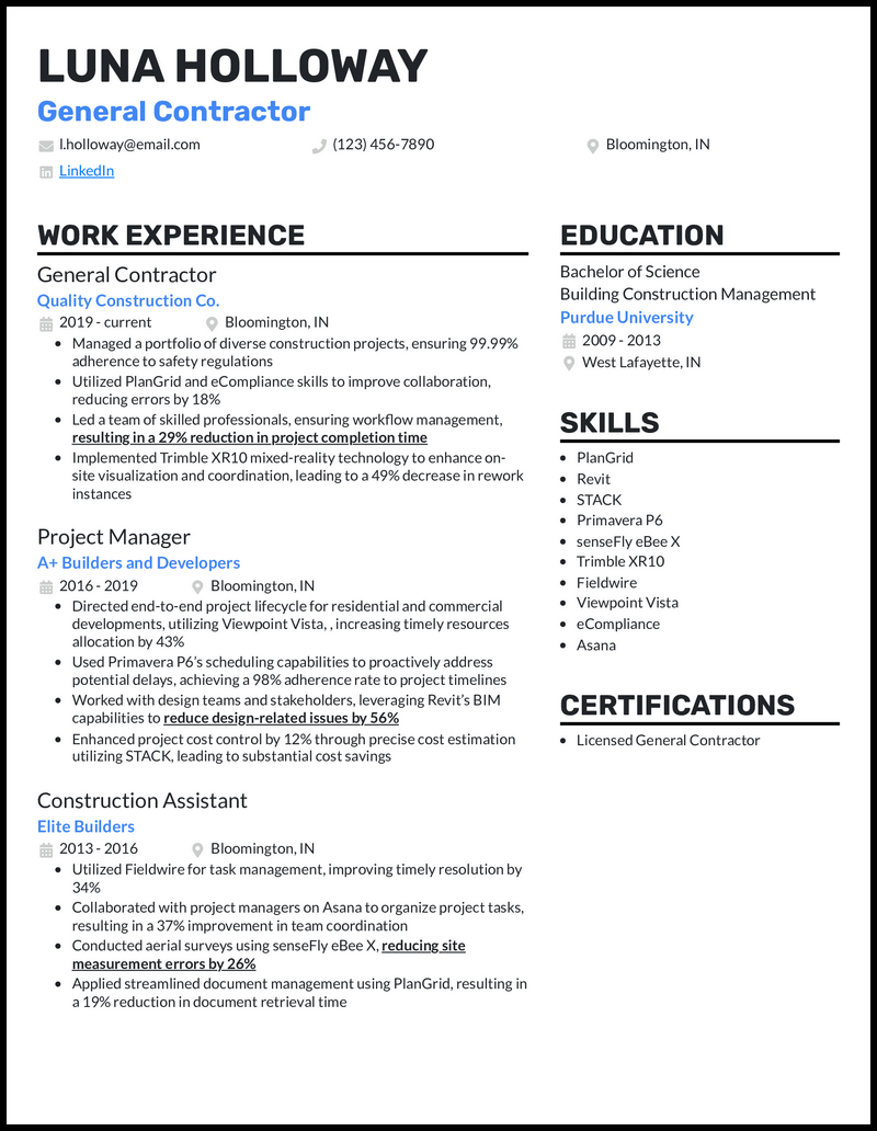 General contractor resume example with project management experience