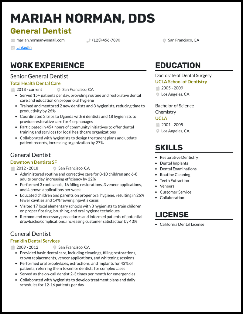 7 Dentist Resume Examples Guaranteed - General Dentist Olive Resume Example