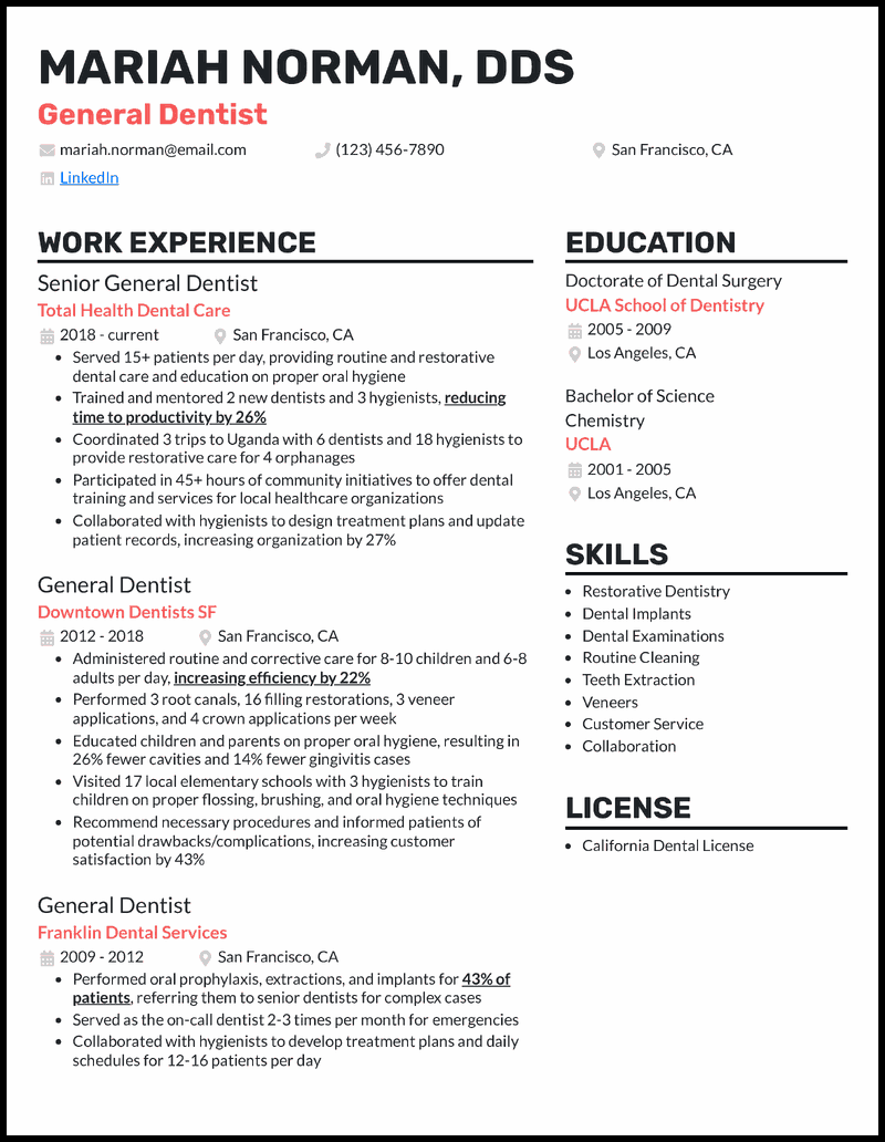 General dentist resume example with 13 years of experience