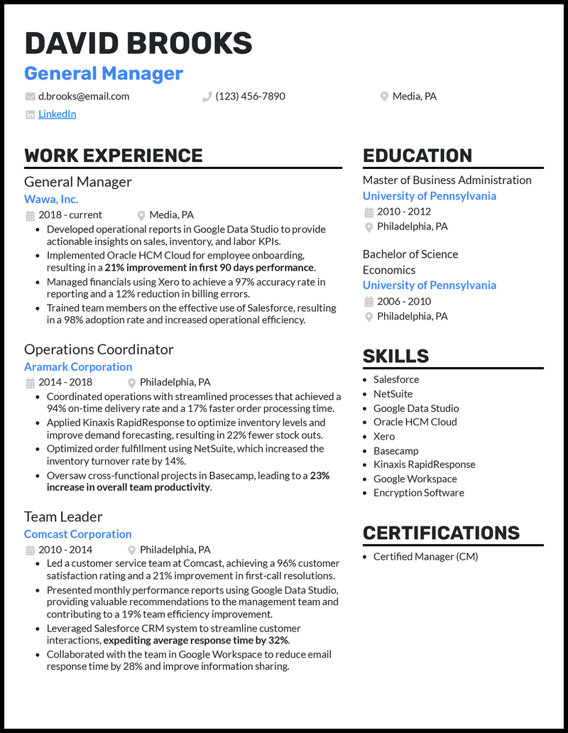 General manager resume example with 5+ years of experience