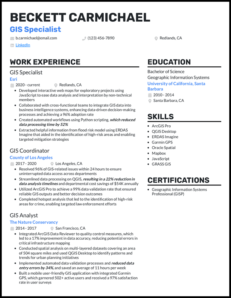 GIS Specialist resume example with 9 years of experience