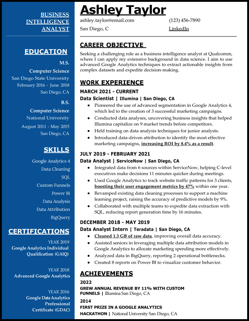 Google Analytics resume template for Word and Google Docs