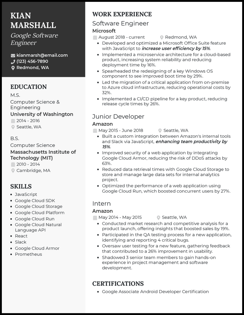 Google software engineer resume example with 5+ years experience