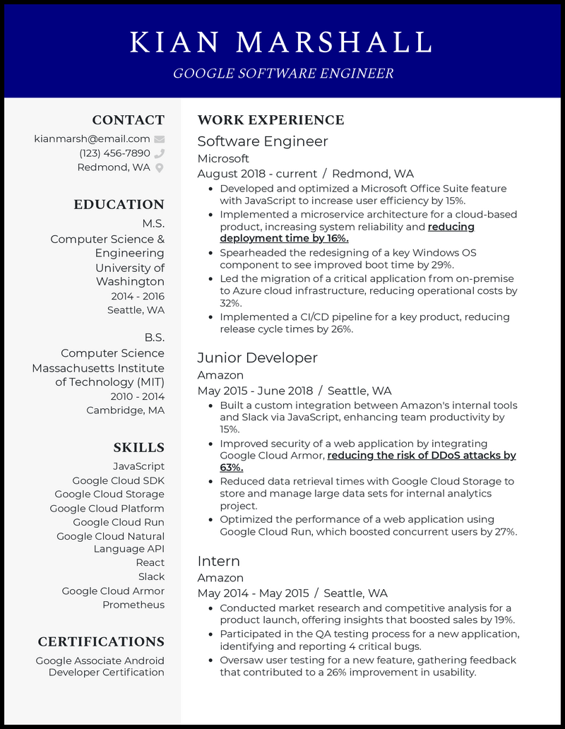 Modern google software engineer resume example with 5+ years experience