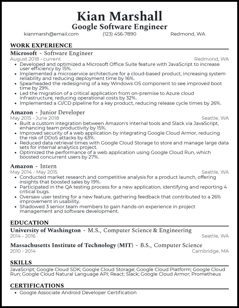 sample resume for google software engineer