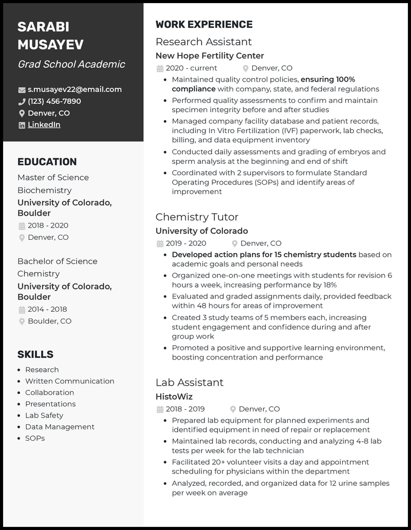 Grad school academic resume example with 4+ years experience