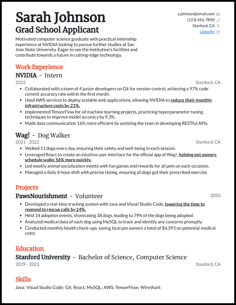 Grad school application resume example with dog walking and intern experience