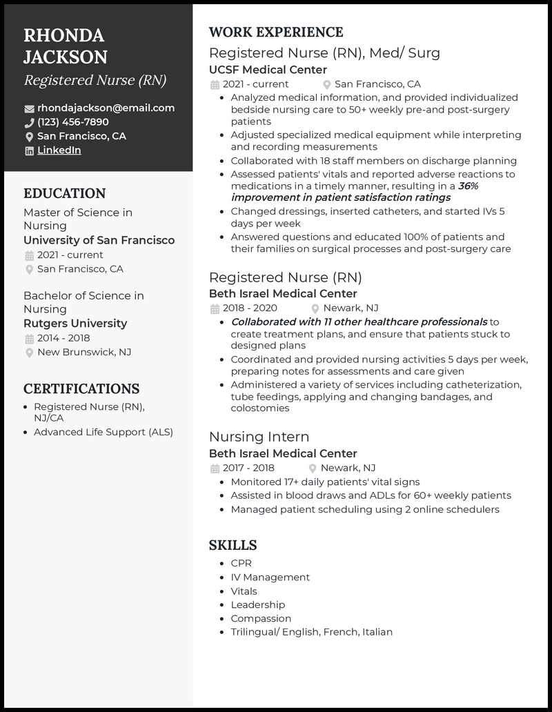 Graduate nursing student resume example with 8+ years experience