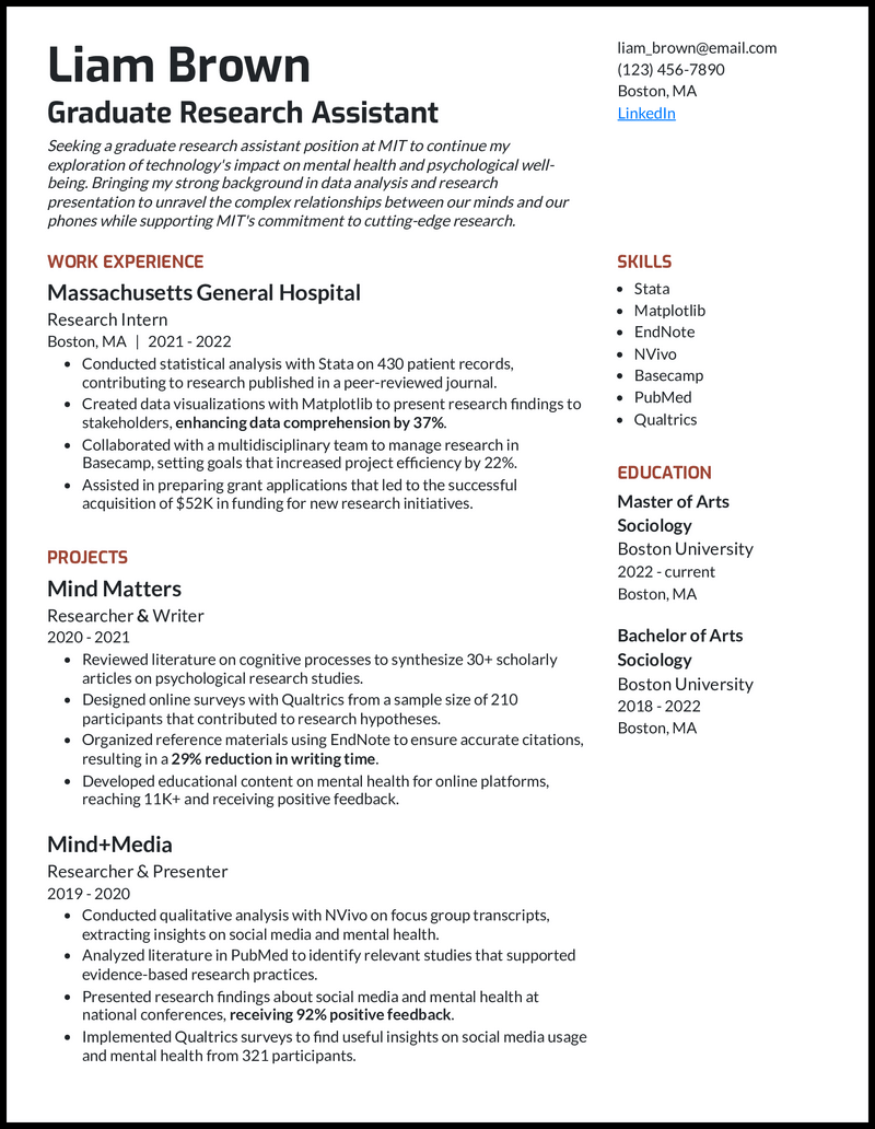 Graduate research assistant resume example with internship experience