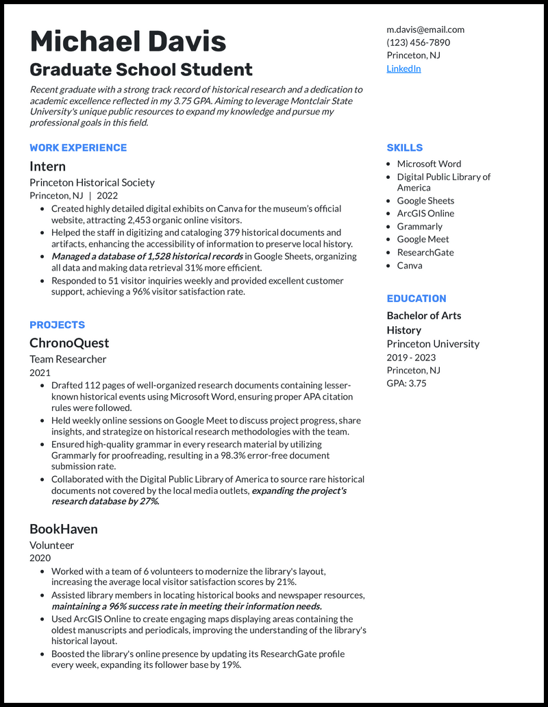 Graduate school resume example with internship experience