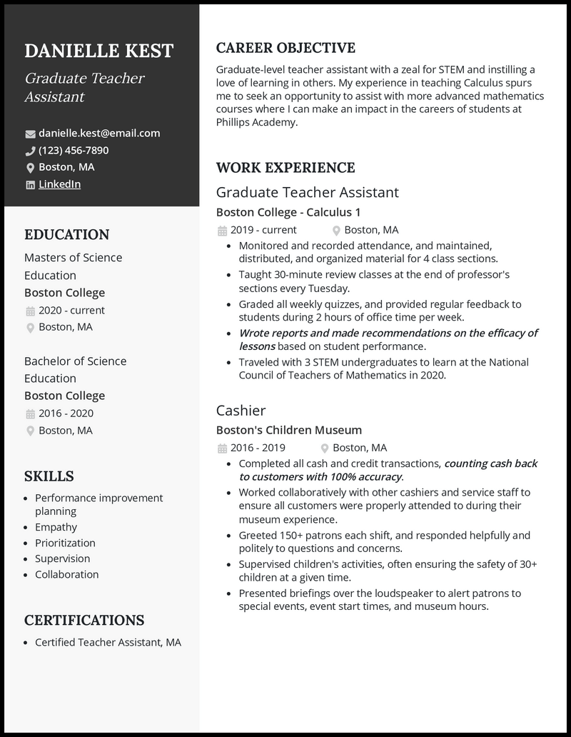 objective in resume for fresh graduate teacher