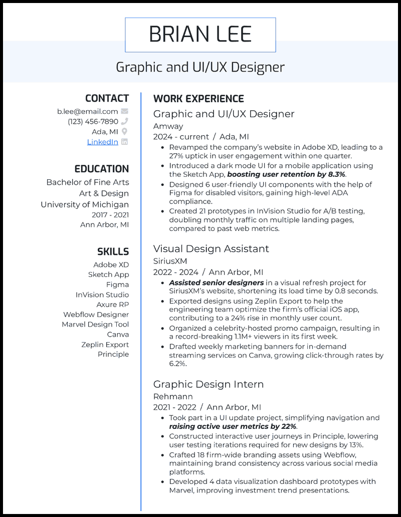 Graphic and UI UX designer CV example with visual design assistant experience