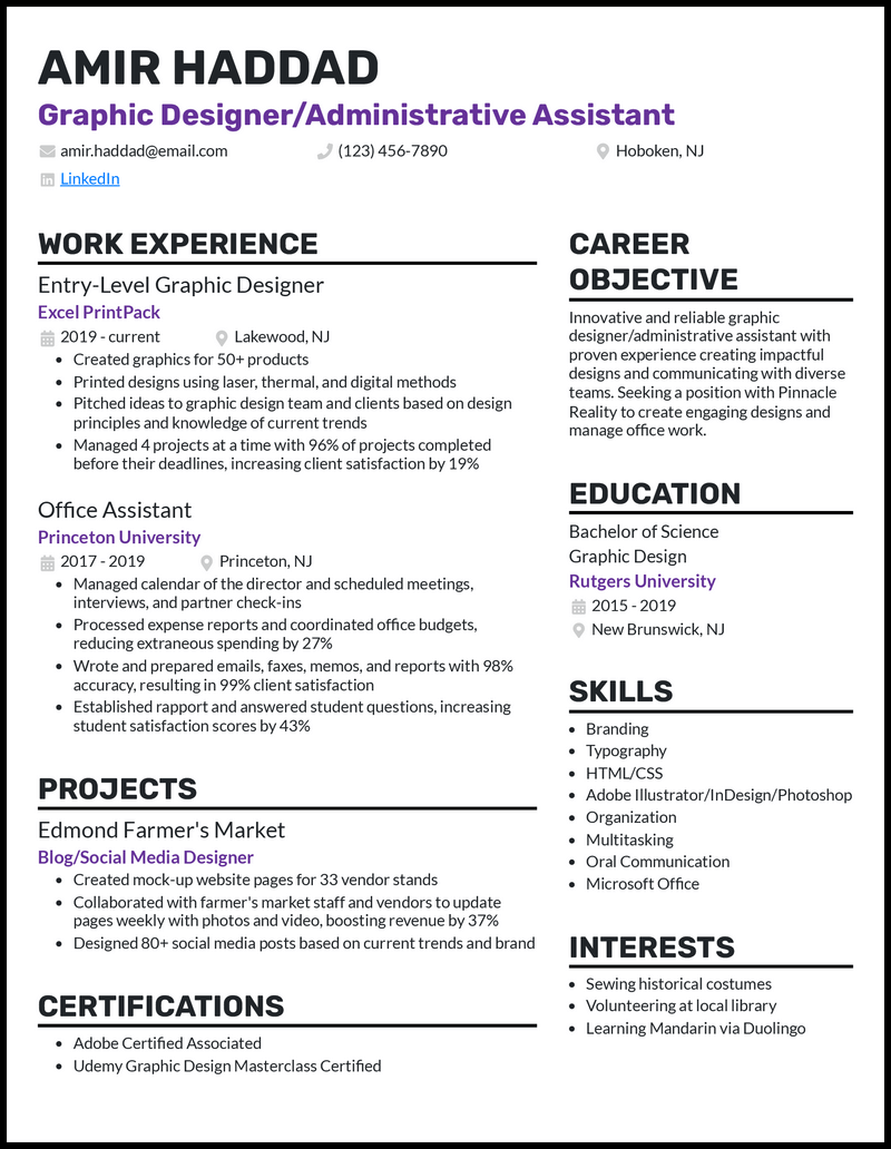 Graphic designer/administrative assistant resume example with 4 years of experience