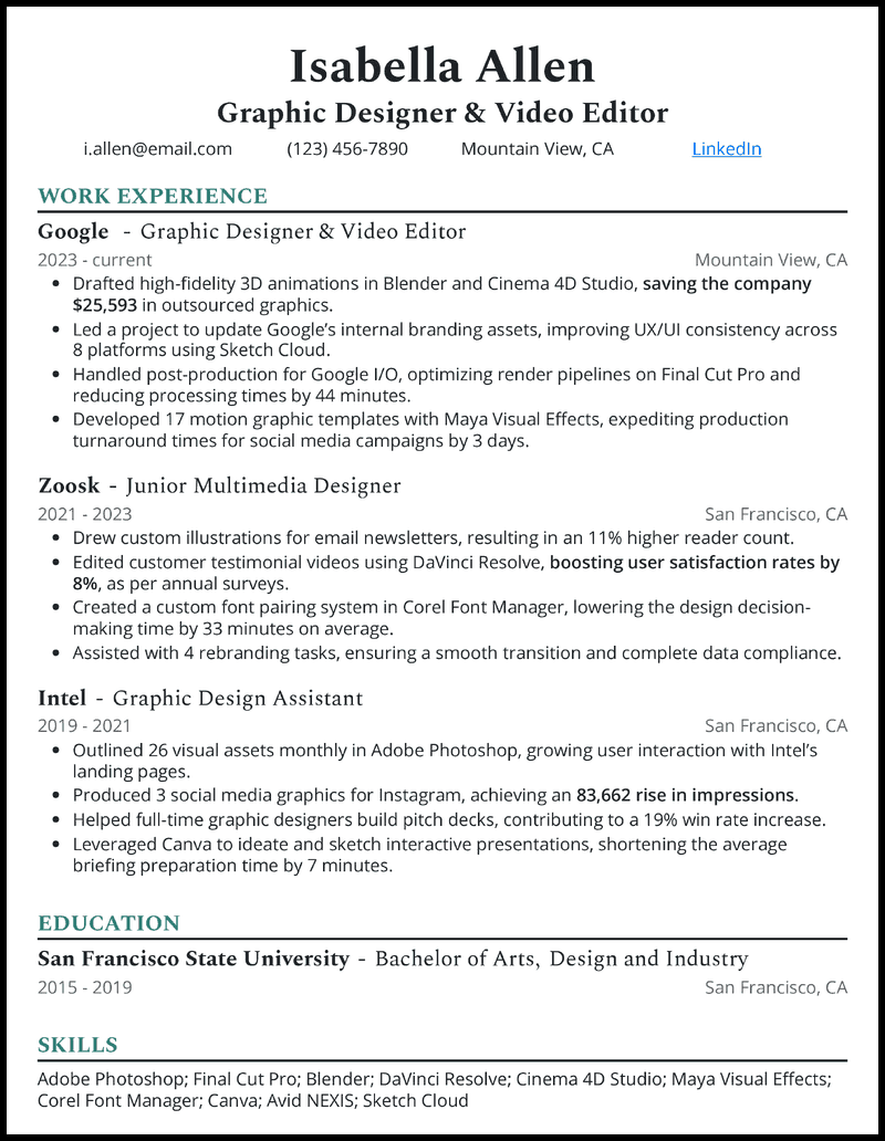 Graphic designer and video editor CV example with 6 years of experience