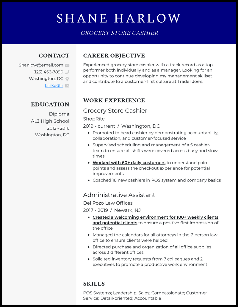 Modern grocery store cashier resume example