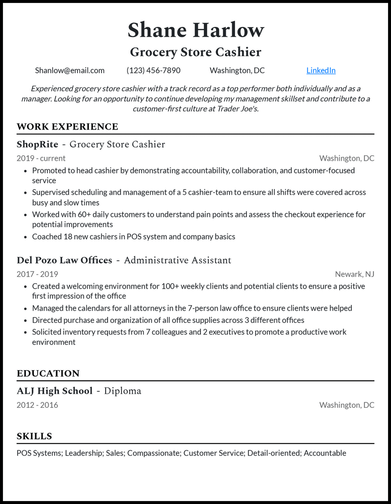 Professional grocery store cashier resume example