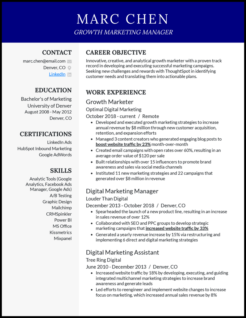 Formal growth marketing manager resume example