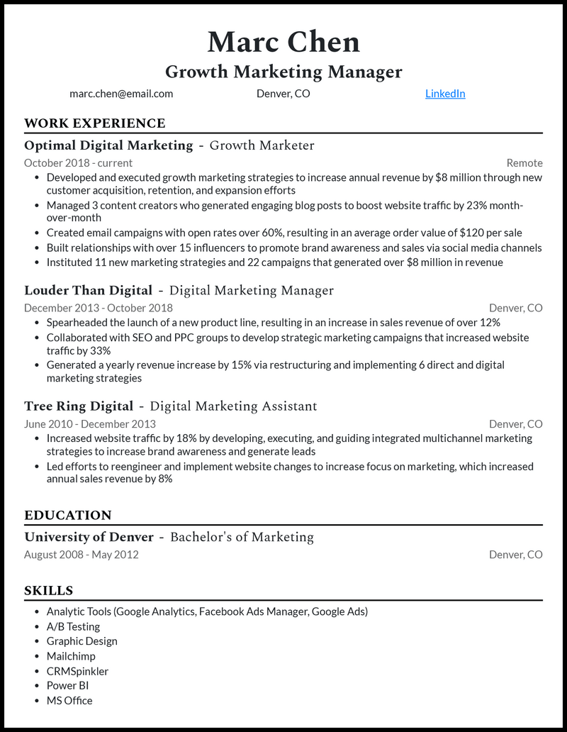 Elegant growth marketing manager resume example