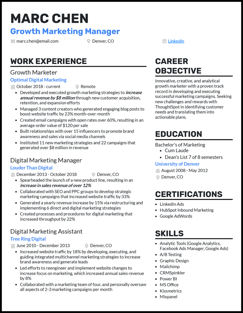 Growth marketing manager resume example with 5+ years experience