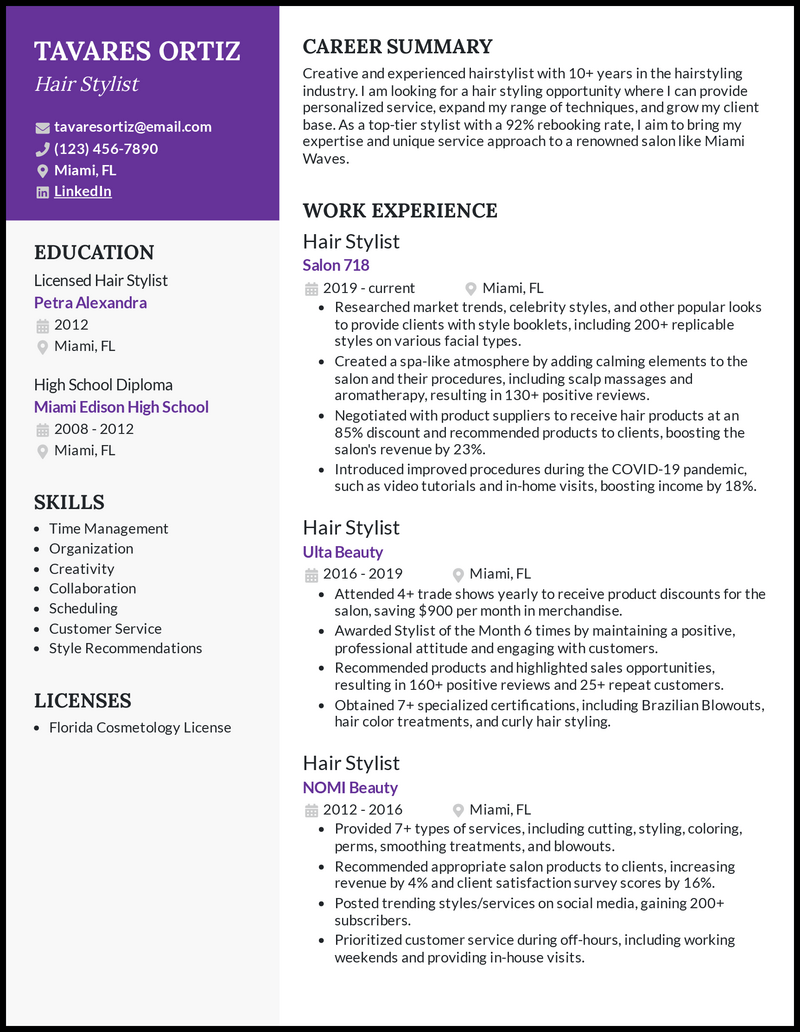 Hair stylist resume example with 10 years of experience