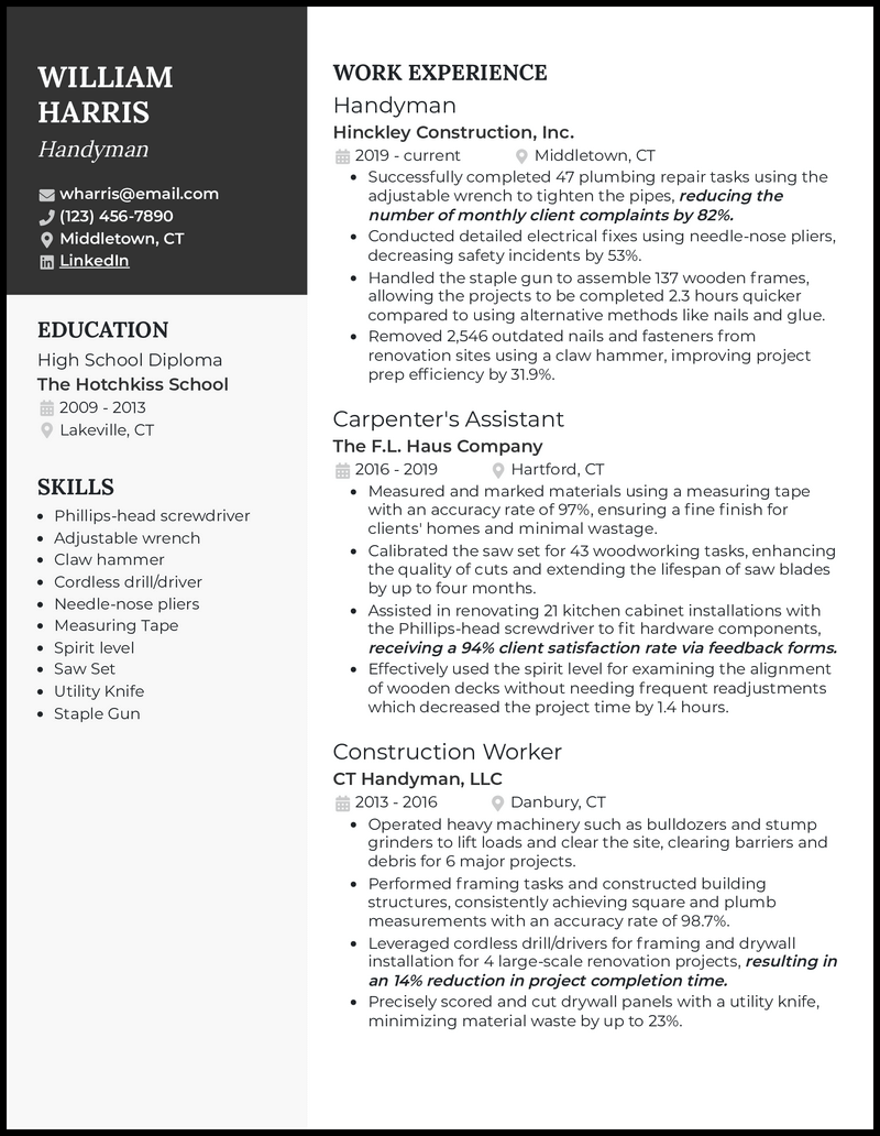 Handyman resume example with 10 years of experience