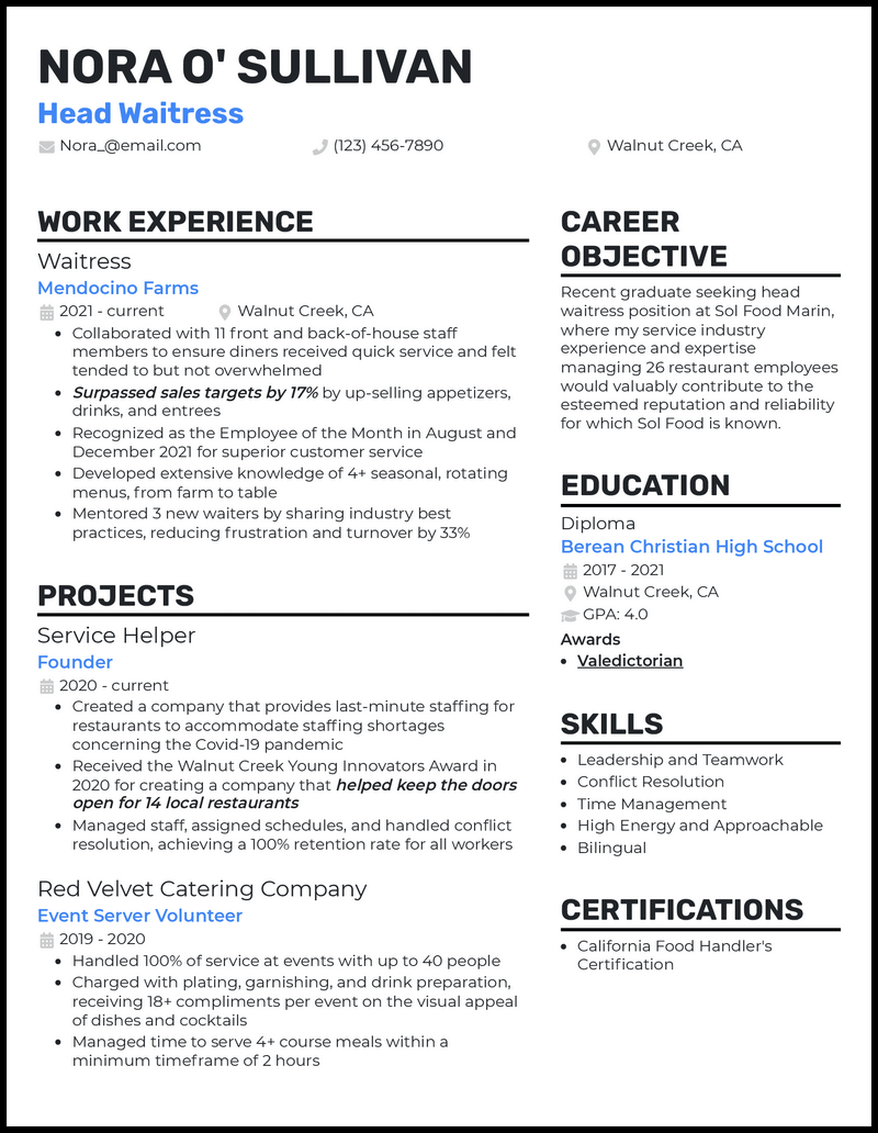 Head waitress resume example with 4+ years experience