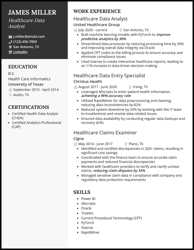 Healthcare data analyst resume example with 8+ years experience