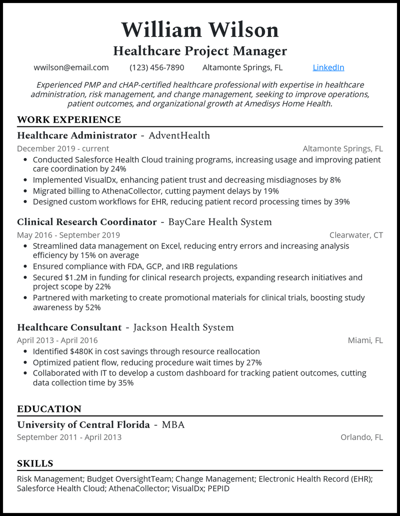 Healthcare Project Manager Resume Examples For