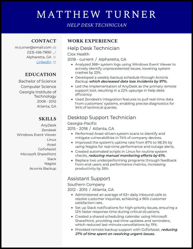 Help desk technician resume example with 11 years of experience