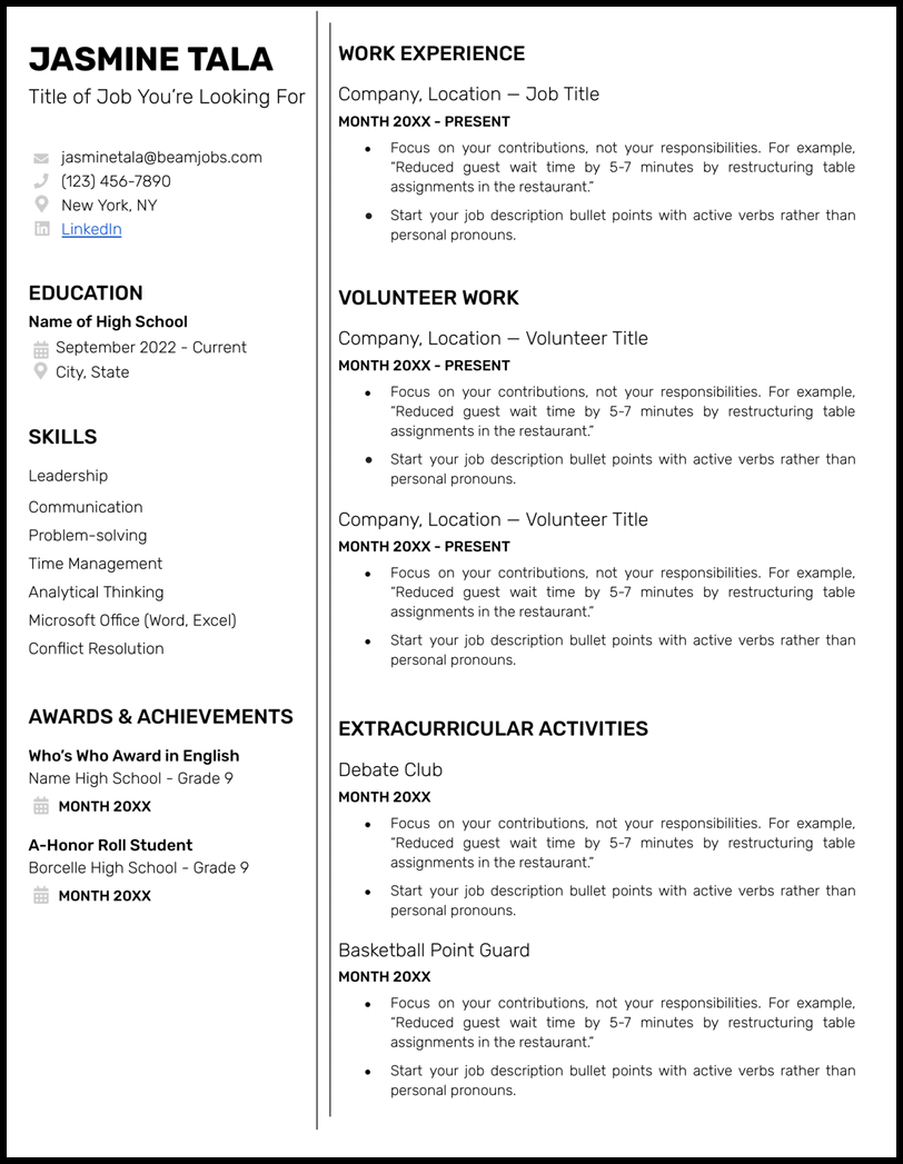 Black and white high school Google Docs resume template with space for volunteer work