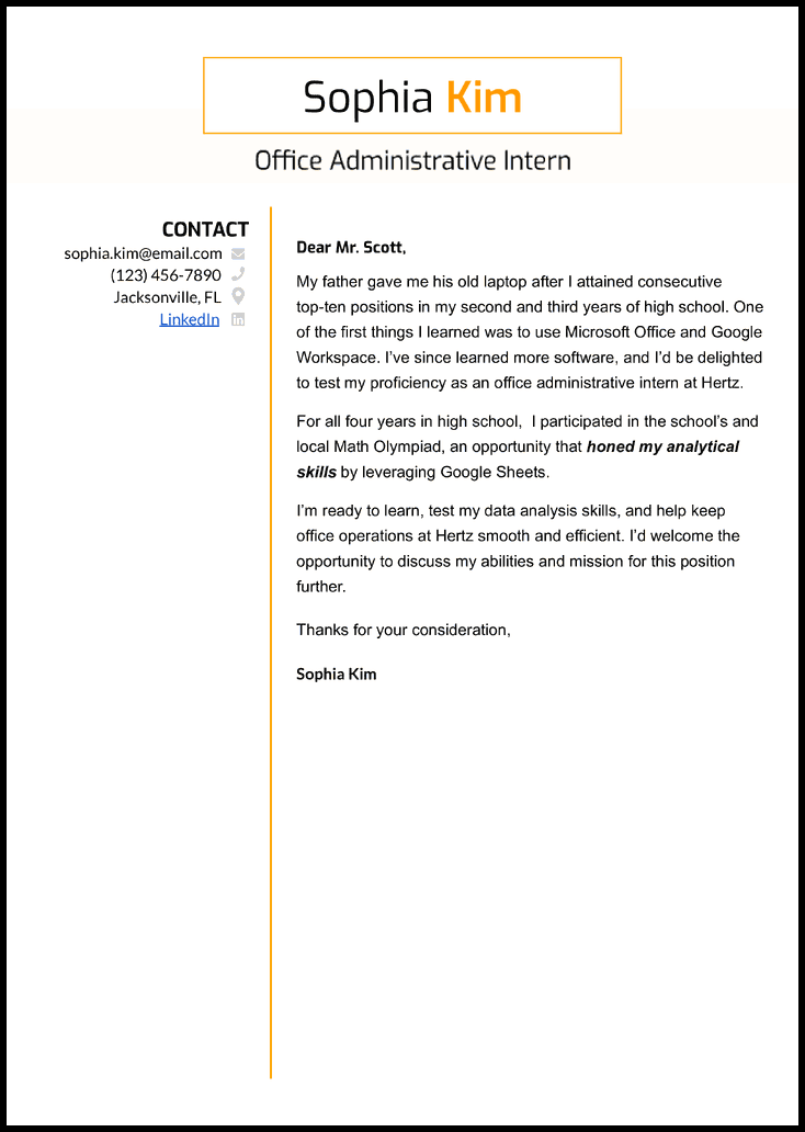 High School Student Internship cover letter example