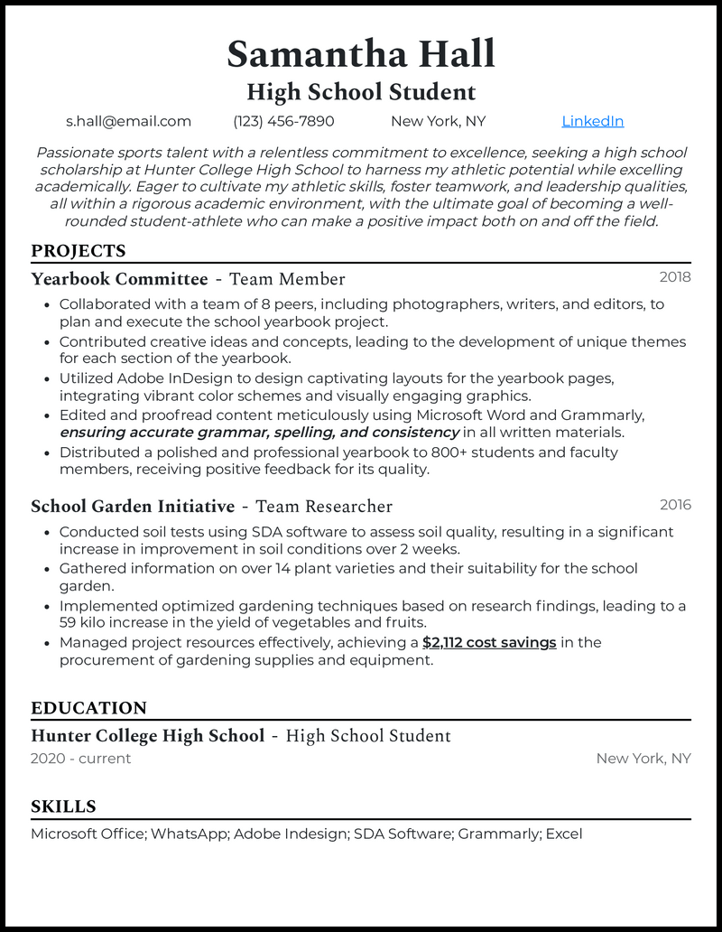 High school scholarship resume example