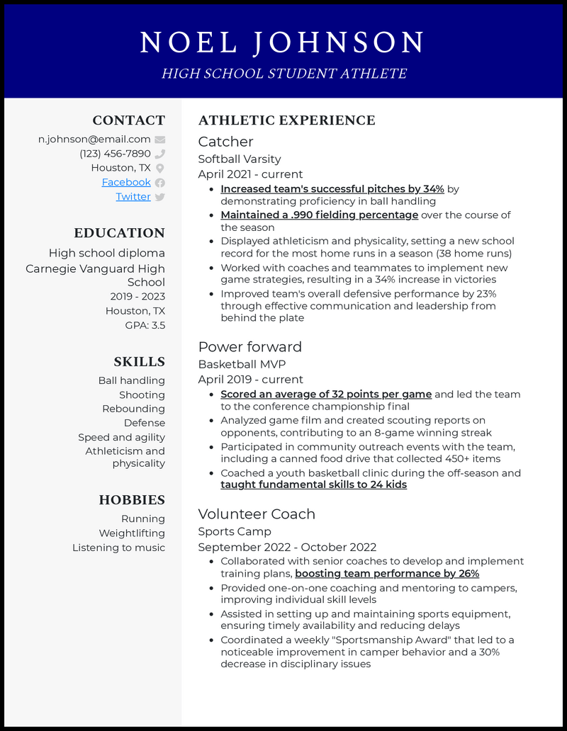 High school student athlete resume example with 6+ years experience