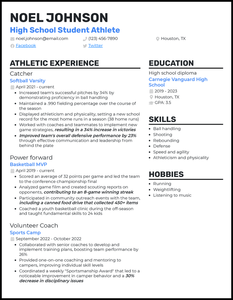 high school student athlete resume template